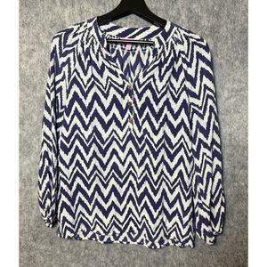 Lilly Pulitzer Silk Chevron V Neck Long Sleeve 1/4 Button Blouse Purple Size S